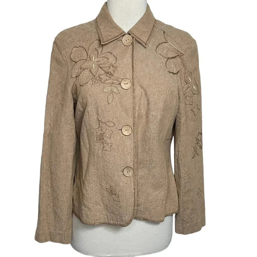 Requirements M linen cotton blend tan embroidered lightweight boho jacket‎